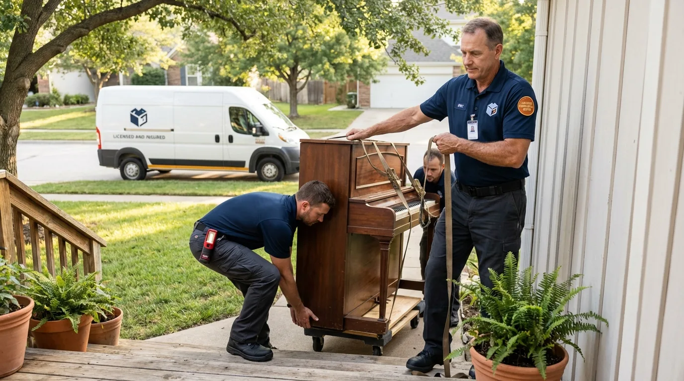 Licensed piano movers securing grand piano in Kiel, WI