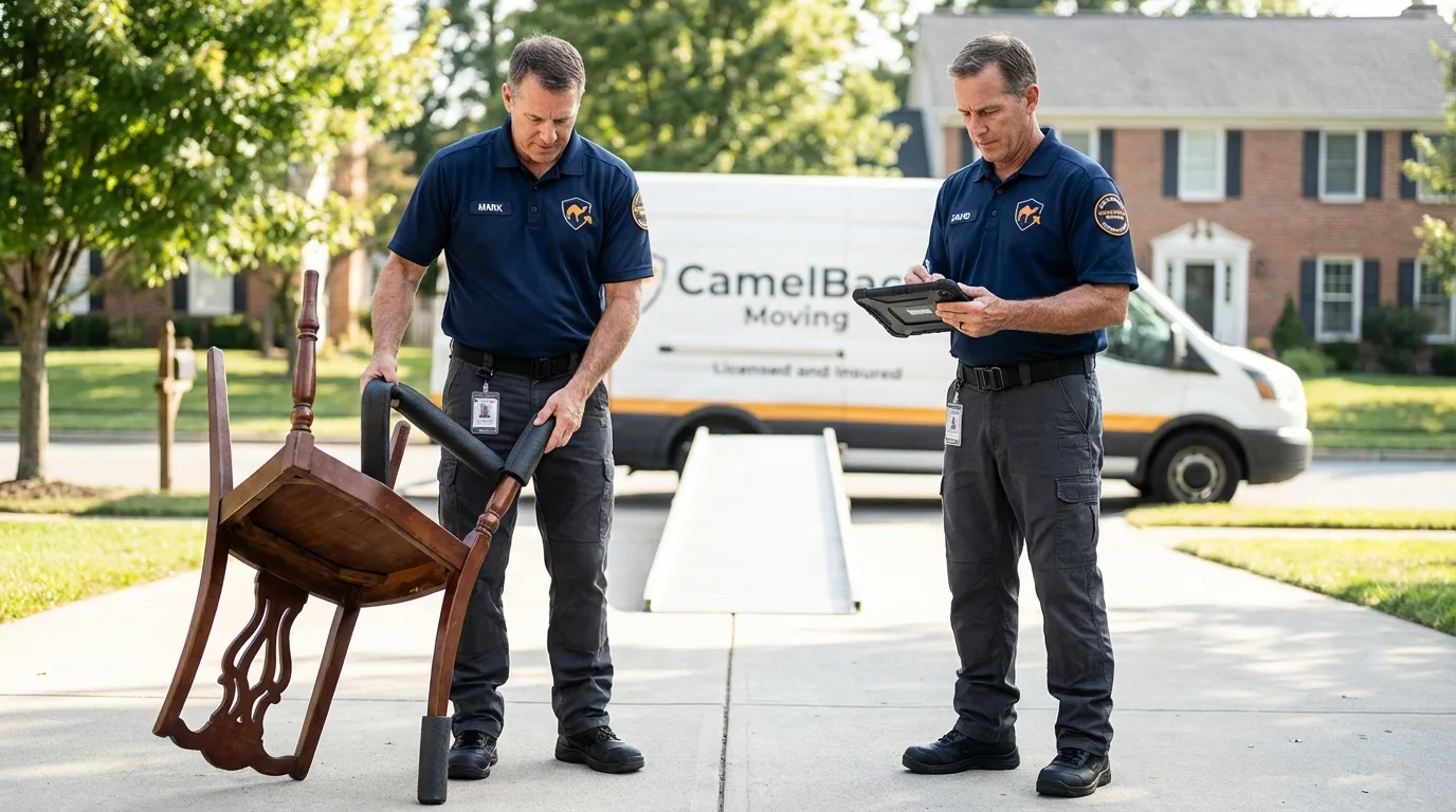 Movers inspecting furniture for damage prevention before loading in Kiel, WI