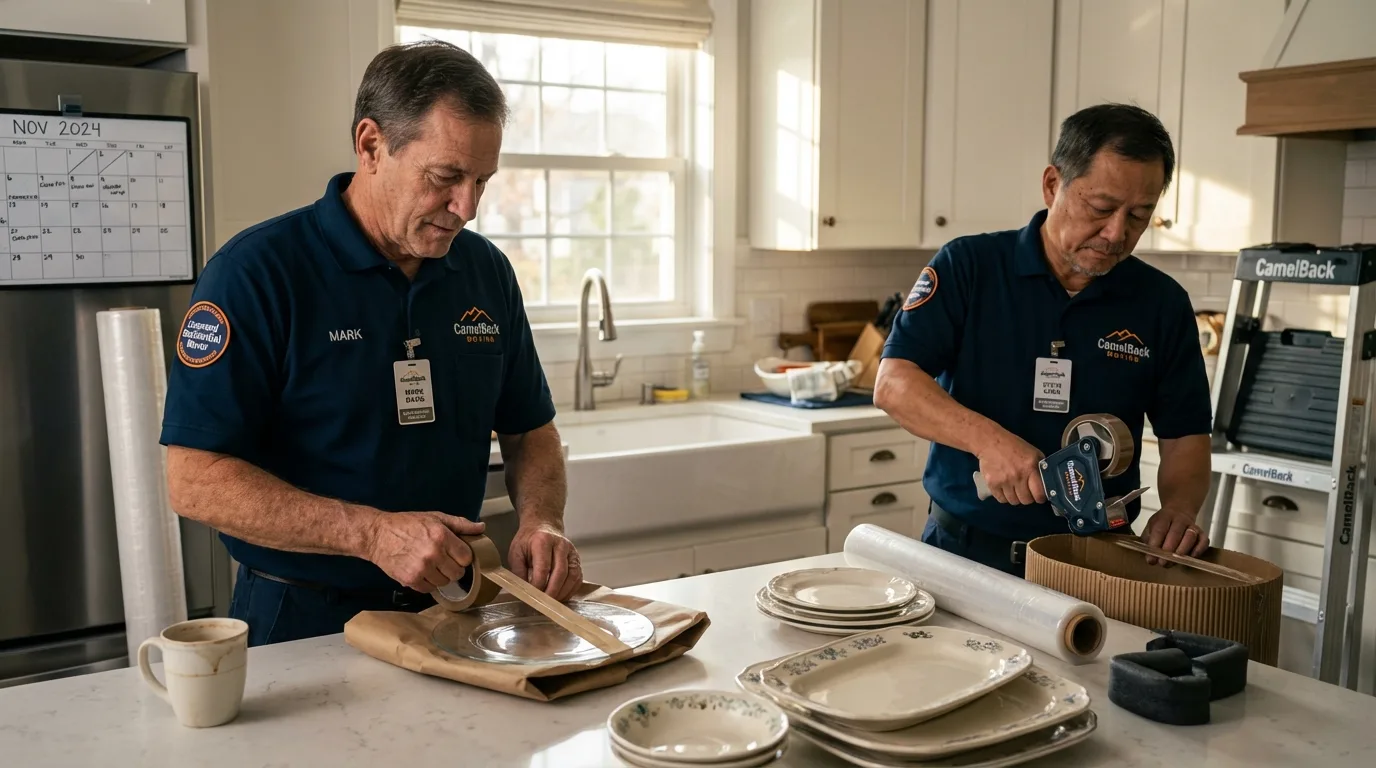 Professional crew packing kitchen dishware in Kiel, WI